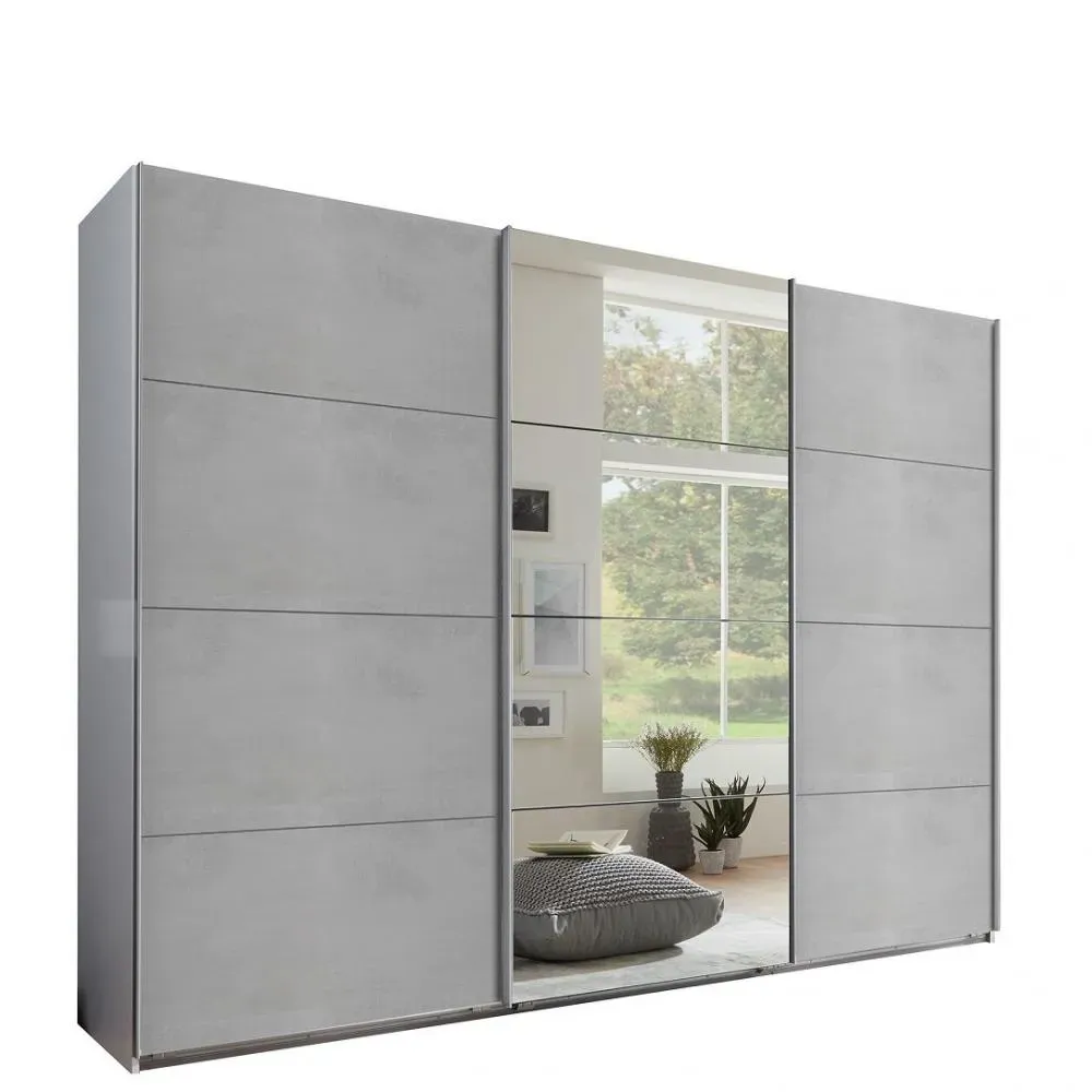 Armoire de rangement 3 portes coulissantes EDWIG 270 cm gris béton / miroir