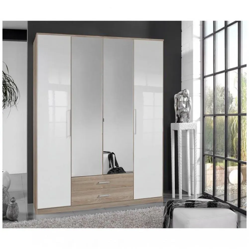 Armoire de rangement GABY chêne 2 portes 2 tiroirs laqués blanc 2 portes miroir
