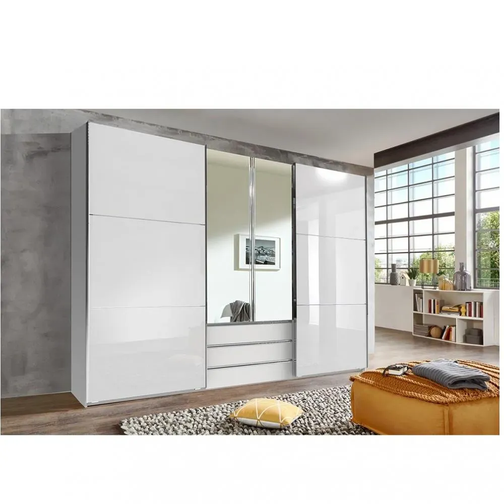 Armoire de rangement coulissante MARITA verre blanc 2 miroirs 3 tiroirs L 300 H 216 cm