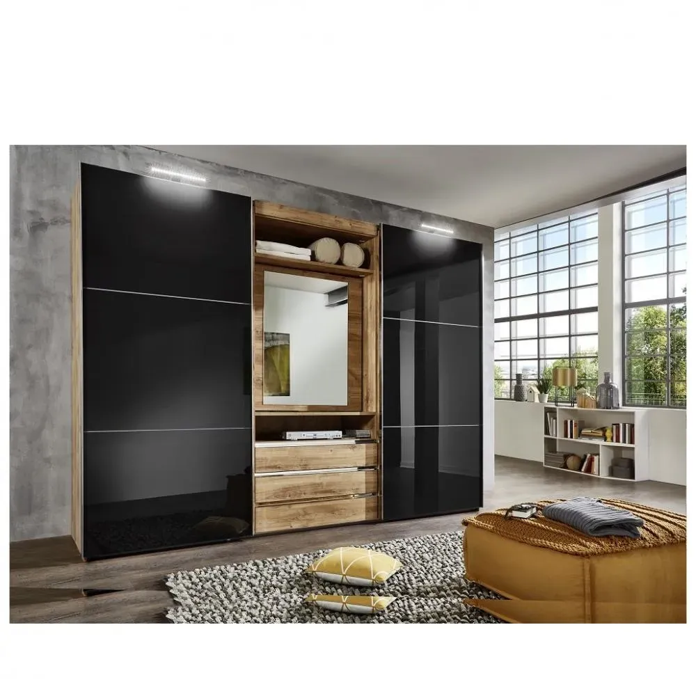Armoire de rangement coulissante MARITA chêne verre graphite miroir pivotant L 300 H 216 cm
