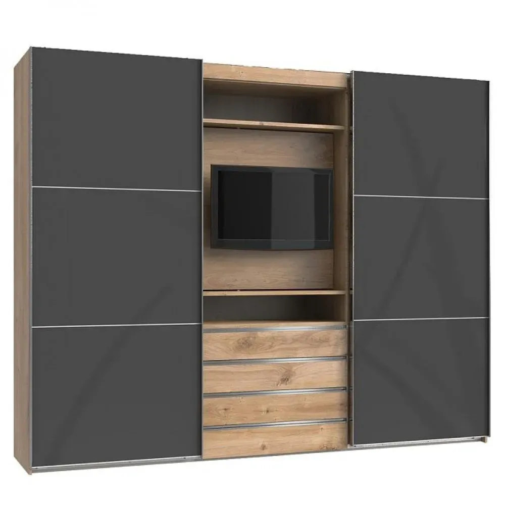 Armoire de rangement coulissante MARITA chêne verre graphite partie centrale TV L 300 H 236 cm