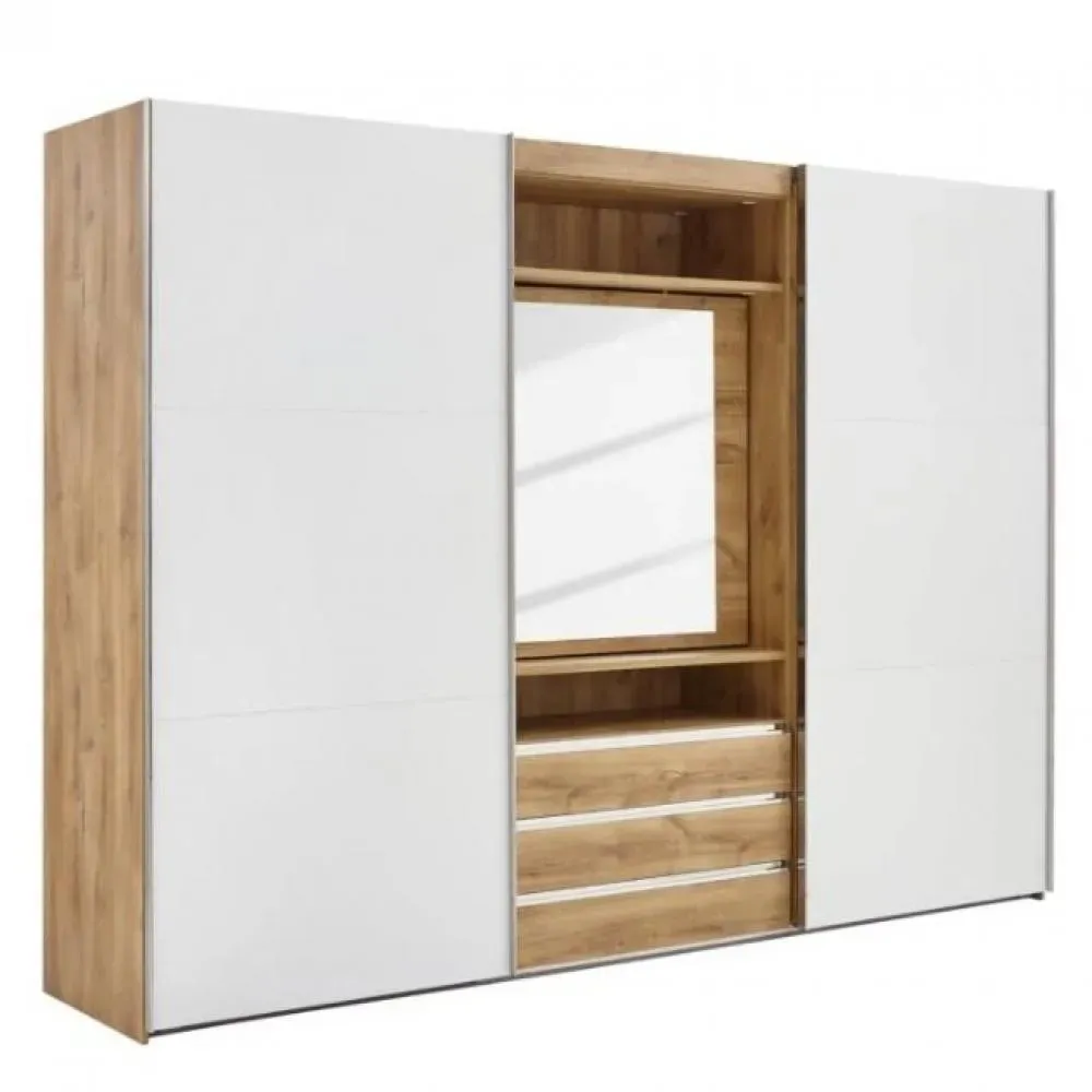 Armoire de rangement coulissante MARITA chêne verre blanc miroir pivotant L 300 H 236 cm