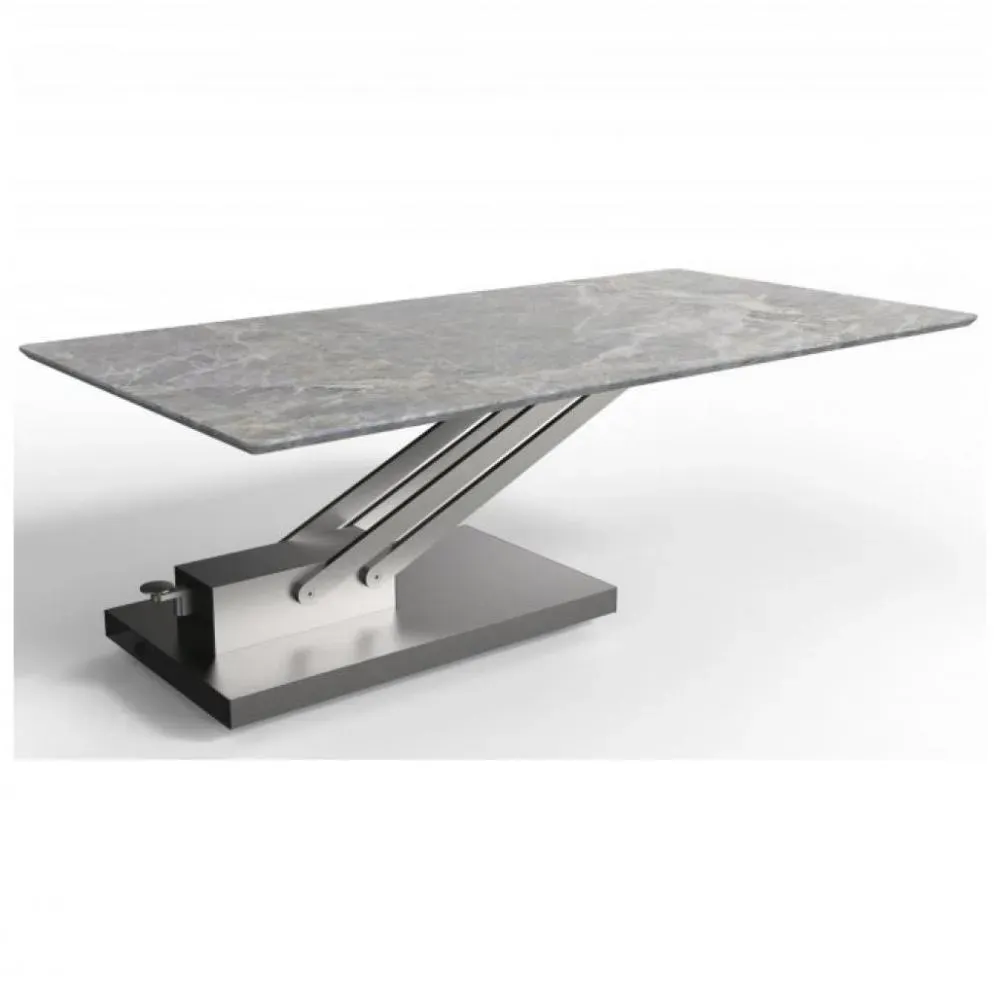 Table basse relevable BRAVO MARBLE GREY plateau céramique finition marbre gris brillant.