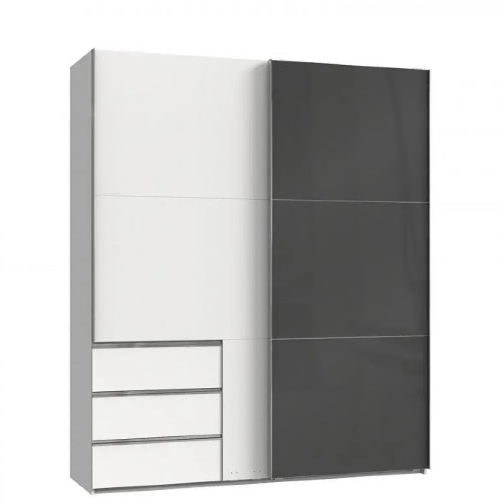 Armoire coulissante LISEA 2 portes 3 tiroirs blanc verre anthracite 200 x 236 cm HT