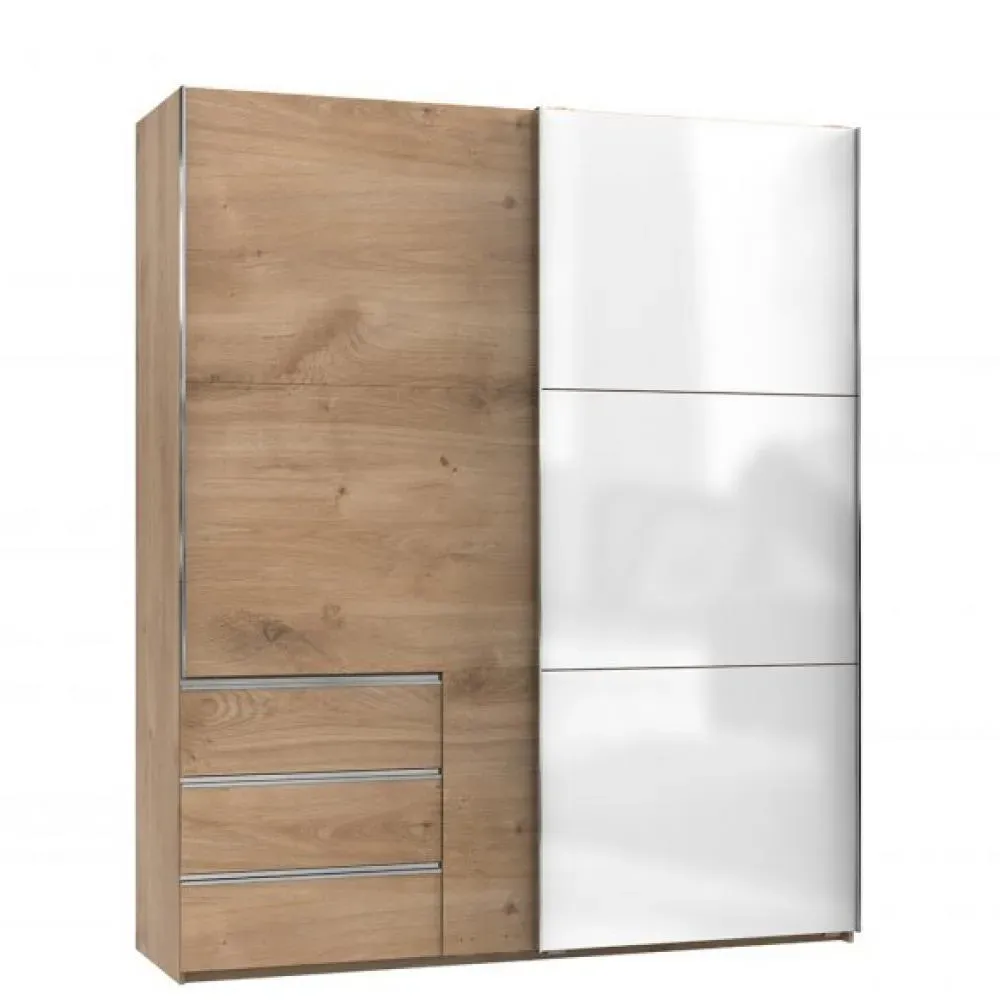Armoire coulissante LISEA 2 portes 3 tiroirs chêne poutre verre blanc 200 x 236 cm HT
