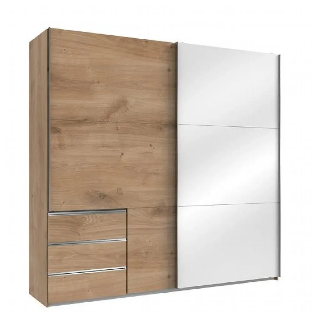 Armoire coulissante LISEA 2 portes 3 tiroirs chêne poutre verre blanc 250 x 236 cm HT
