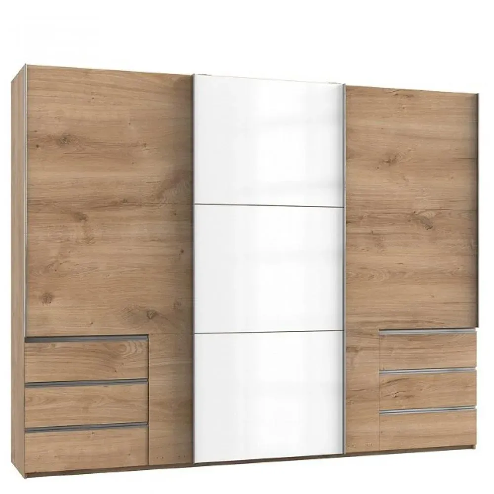 Armoire coulissante LISEA 3 portes 6 tiroirs chêne poutre verre blanc 300 x 236 cm HT