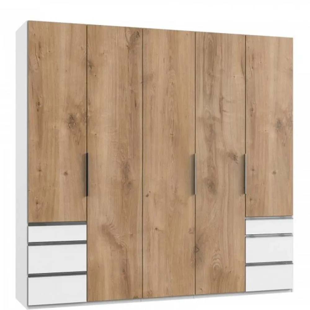 Armoire de rangement LISBETH 5 portes chêne 6 tiroirs blanc 250 x 236 cm hauteur