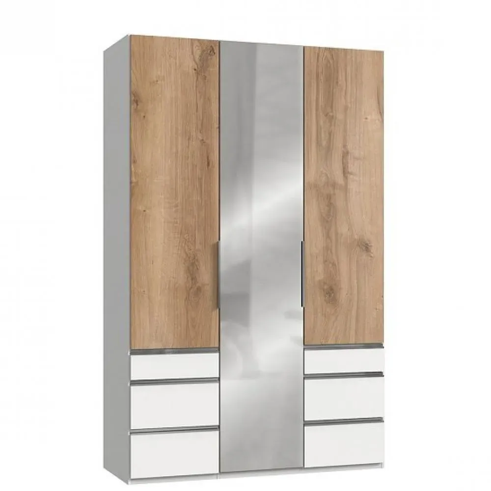 Armoire LISBETH 2 portes chêne 6 tiroirs blanc miroir central 150 x 236 cm hauteur