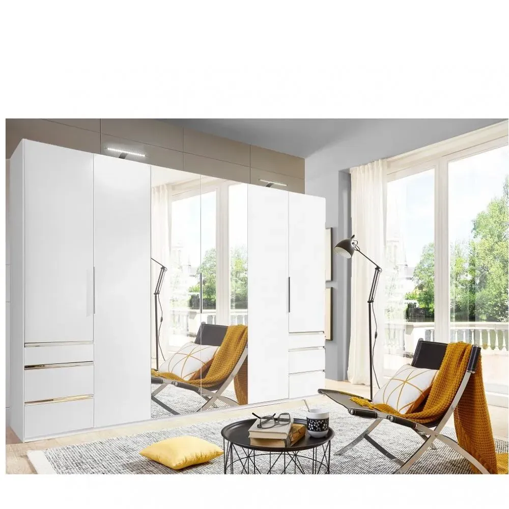 Armoire LISBETH 6 portes 6 tiroirs blanc miroir central 300 x 236 cm hauteur