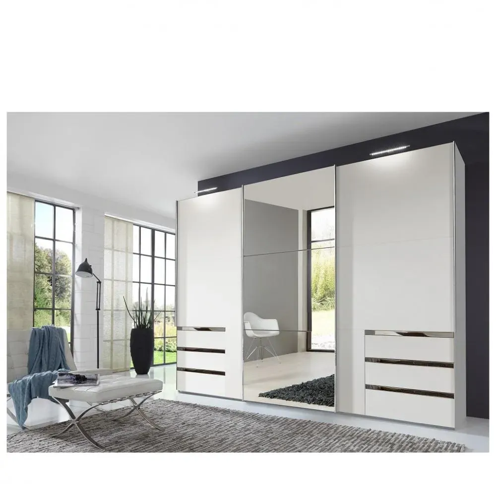 Armoire coulissante LISBETH 2 portes 6 tiroirs blanc 1 miroir 300 x 236 cm hauteur