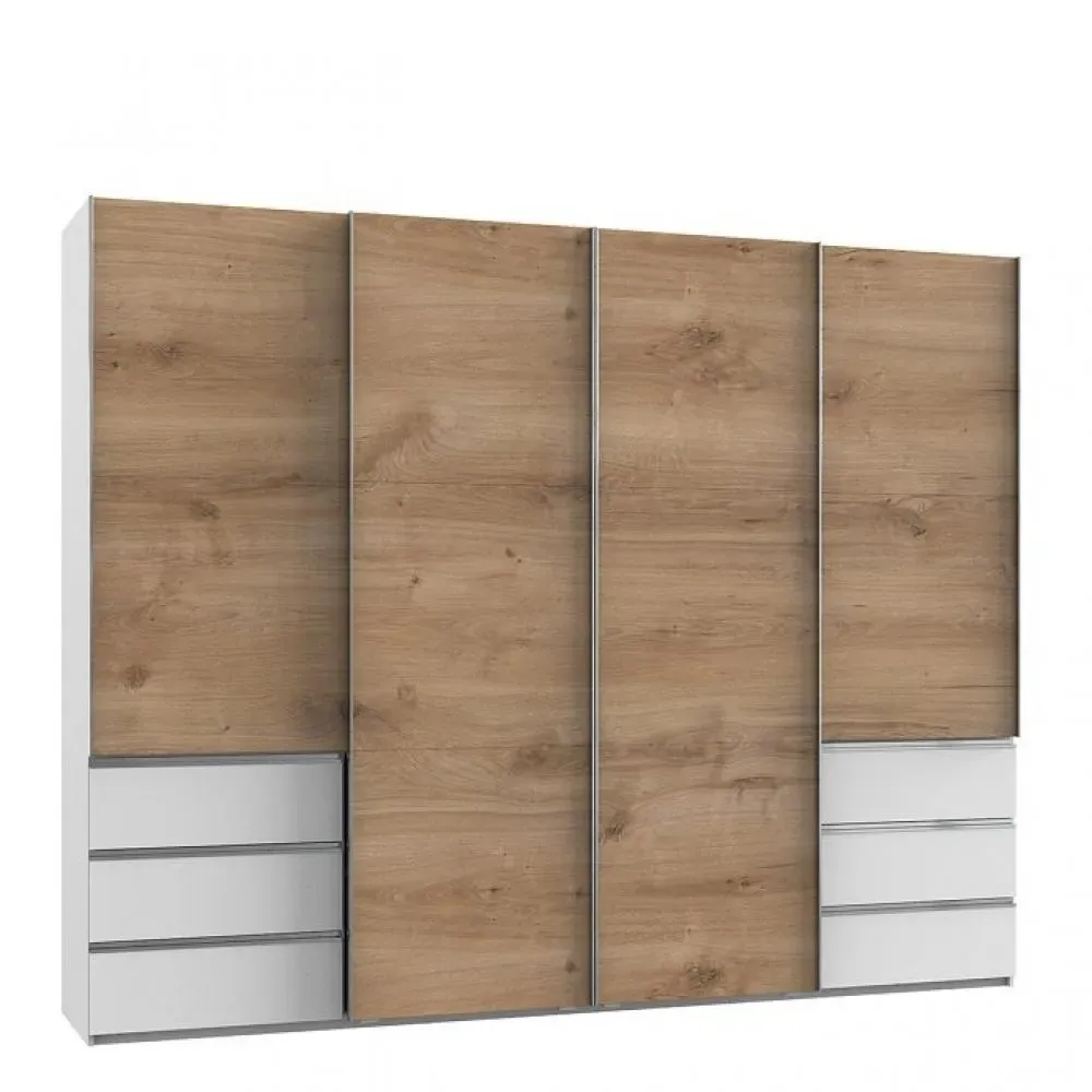 Armoire coulissante LISBETH 4 portes chêne 6 tiroirs blanc 300 x 236 cm hauteur
