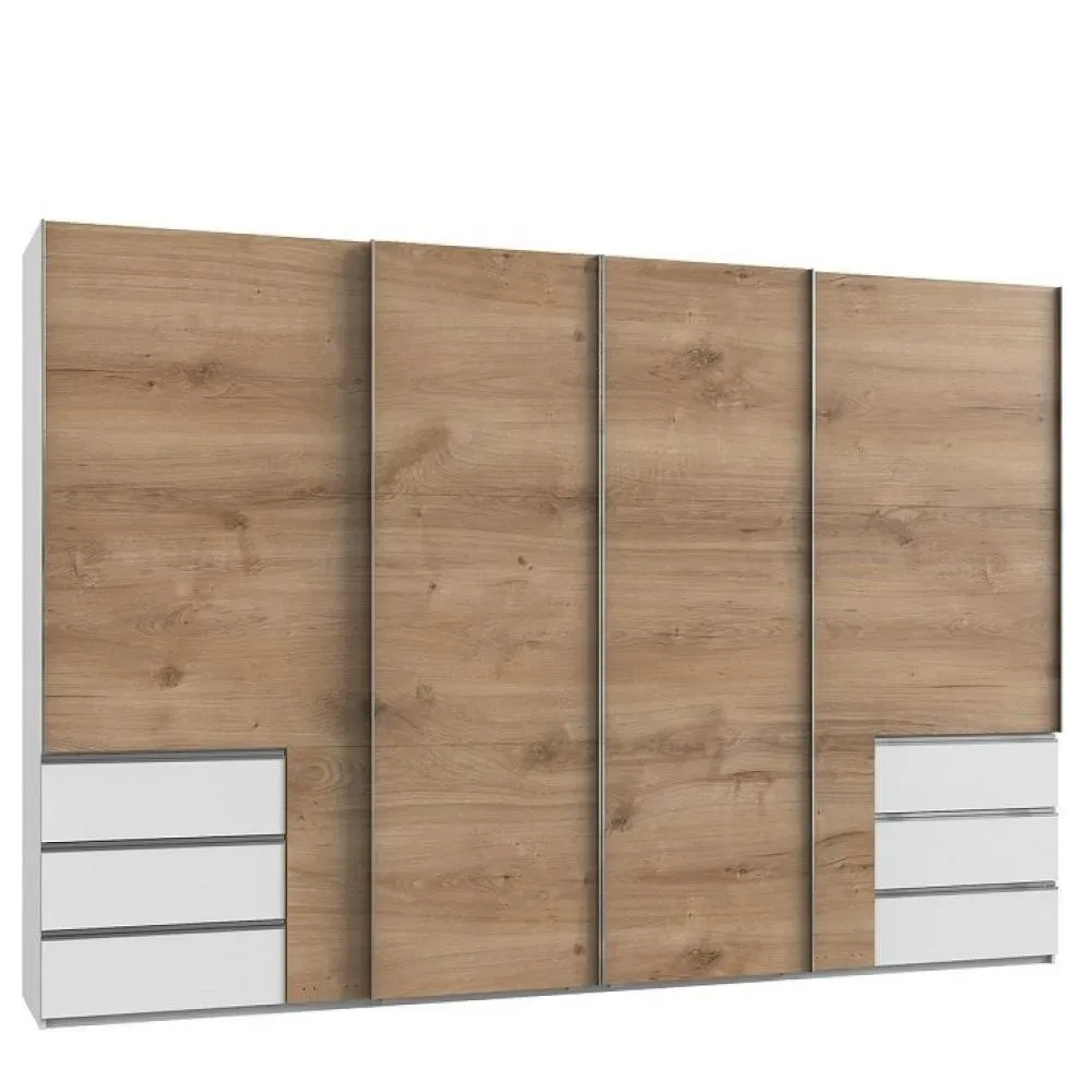 Armoire coulissante LISBETH 4 portes chêne 6 tiroirs blanc 350 x 236 cm hauteur