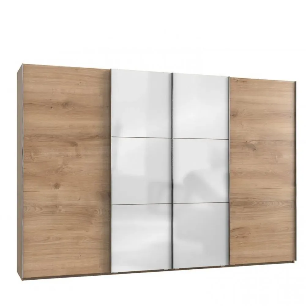 Armoire coulissante LISEA 4 portes chêne poutre verre blanc 350 x 236 cm HT