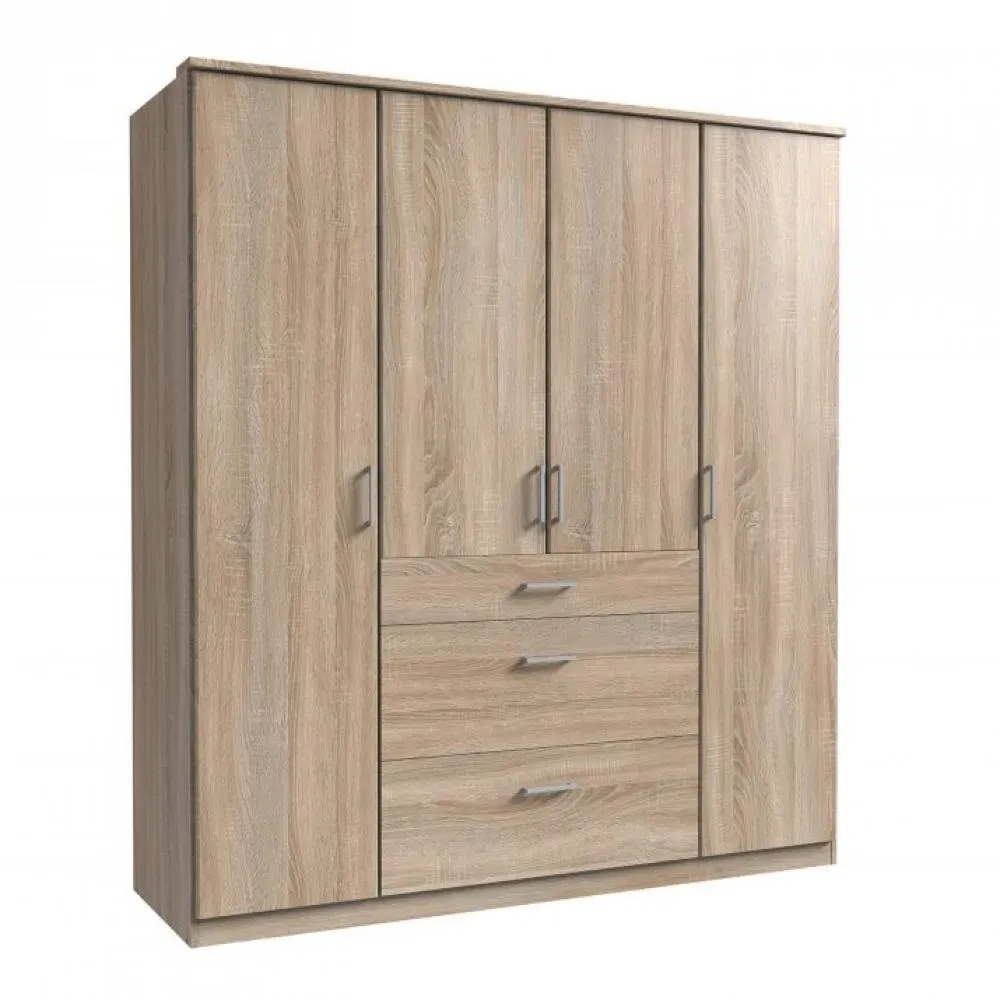 Armoire LAVAL décor chêne 4 portes 3 tiroirs 2 tringles