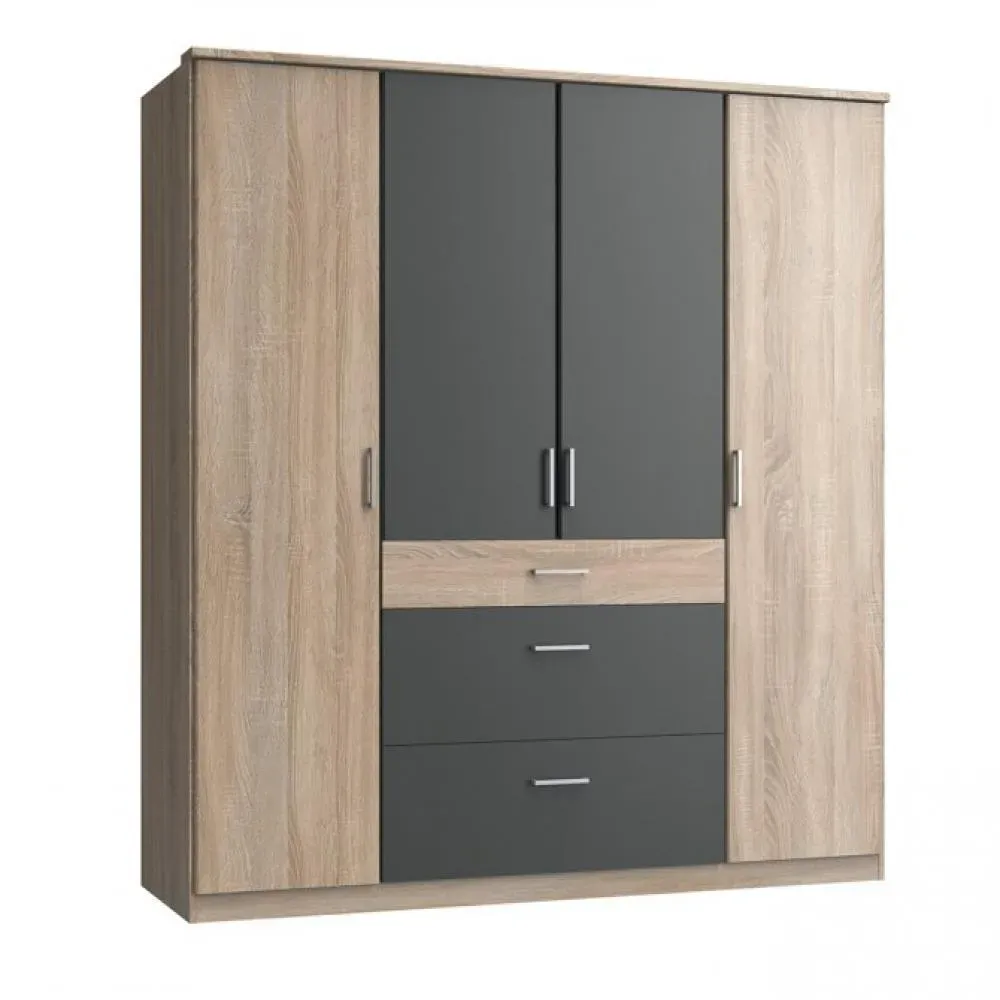 Armoire LAVAL décor chêne et graphite 4 portes 3 tiroirs 2 tringles