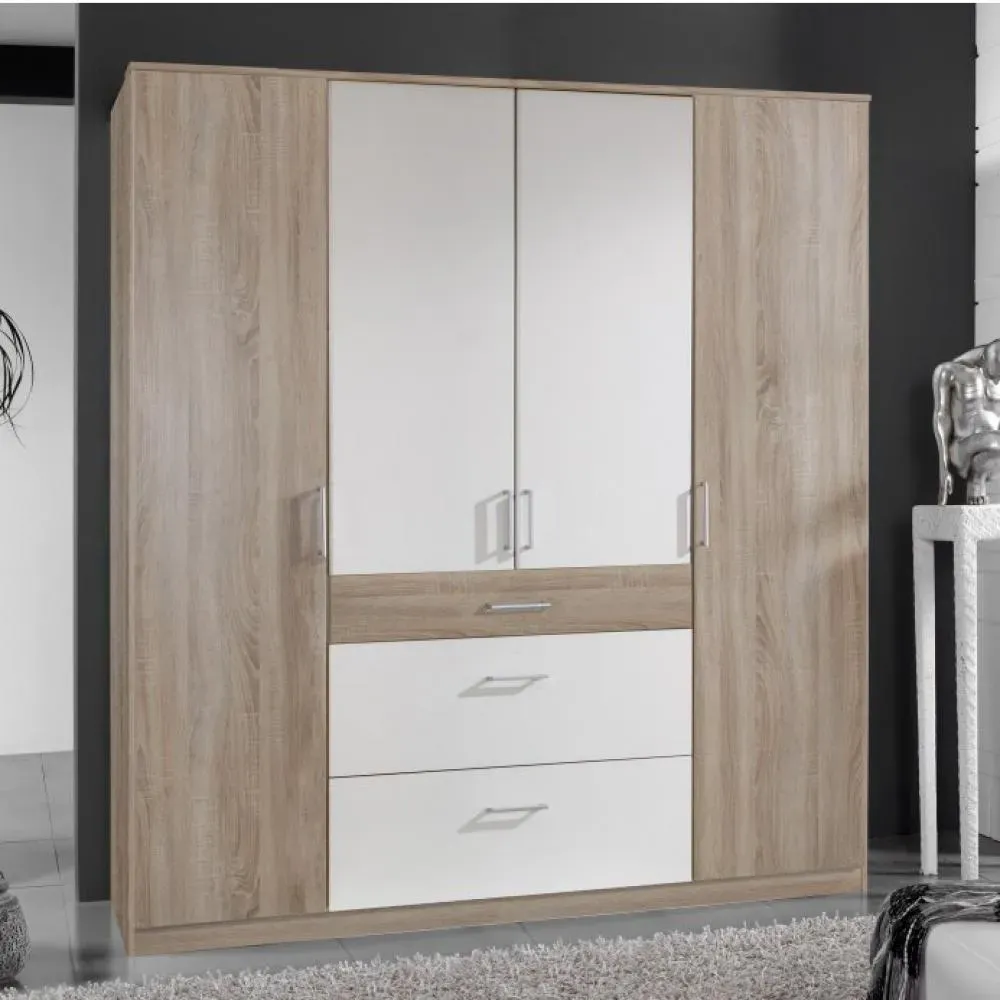 Armoire LAVAL décor chêne et blanc 4 portes 3 tiroirs 2 tringles