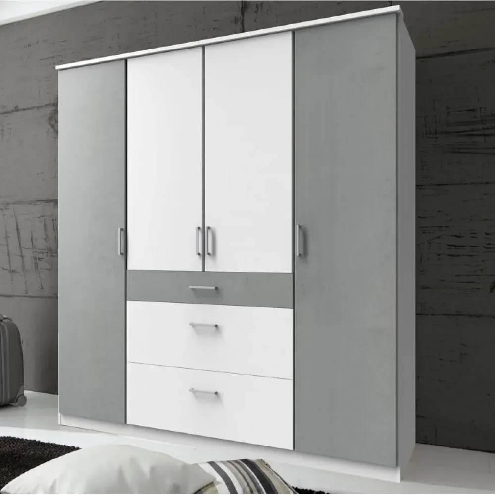 Armoire LAVAL décor blanc et béton 4 portes 3 tiroirs 2 tringles