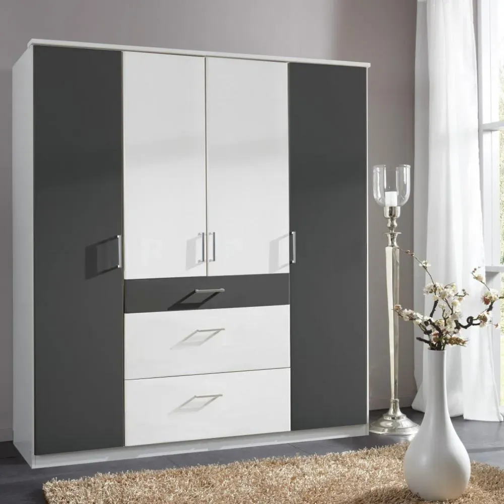 Armoire LAVAL décor blanc et graphite 4 portes 3 tiroirs 2 tringles