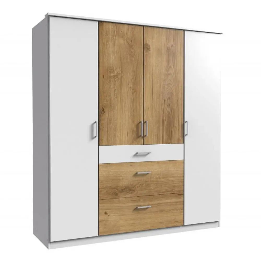 Armoire LAVAL décor blanc et chêne poutre 4 portes 3 tiroirs 2 tringles