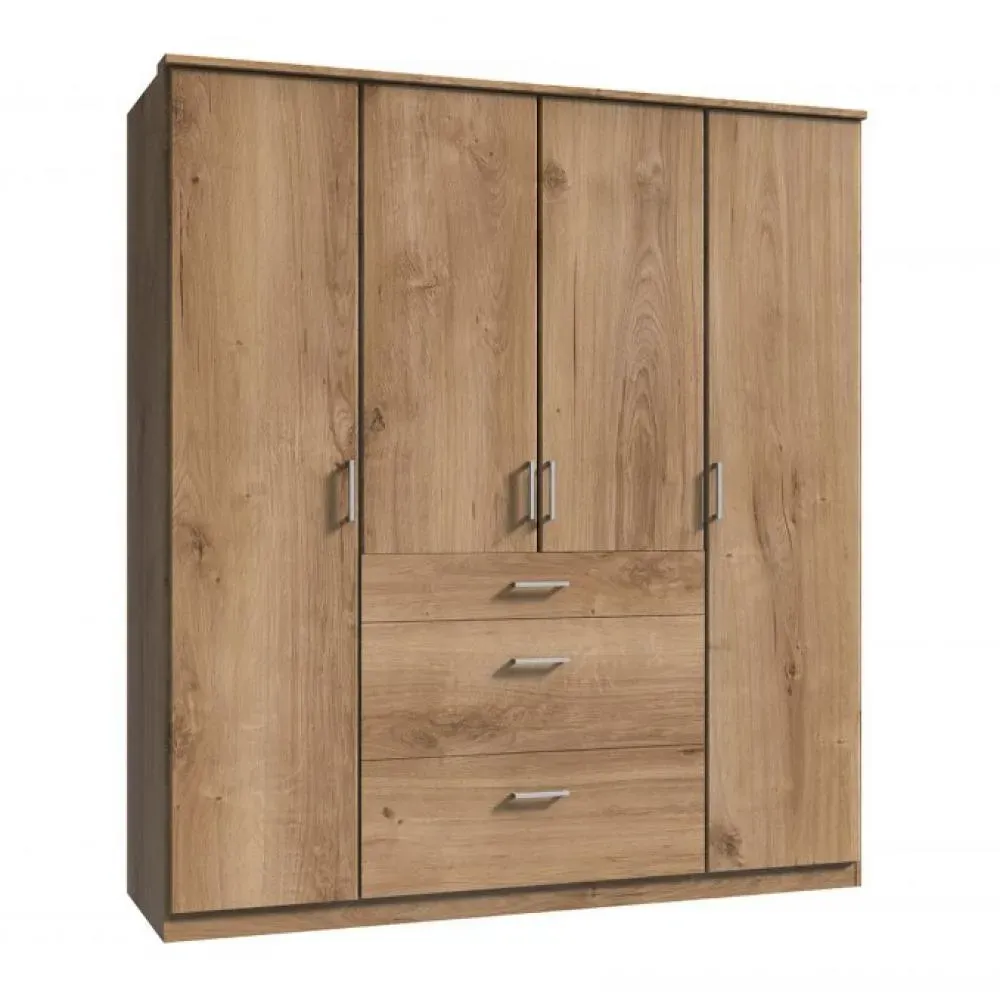 Armoire LAVAL décor chêne poutre 4 portes 3 tiroirs 2 tringles