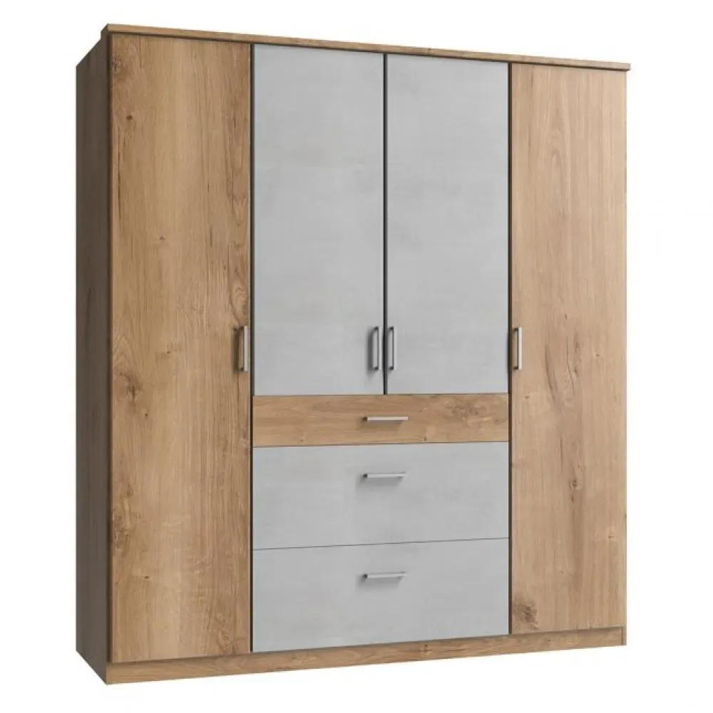 Armoire LAVAL décor chêne poutre et béton 4 portes 3 tiroirs 2 tringles