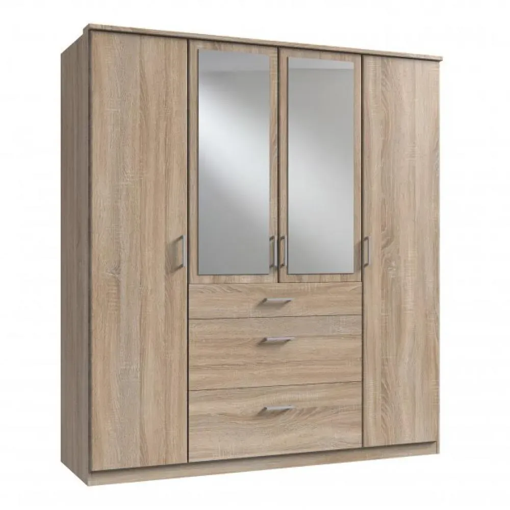 Armoire LAVAL décor chêne 2 portes miroirs 2 portes 3 tiroirs