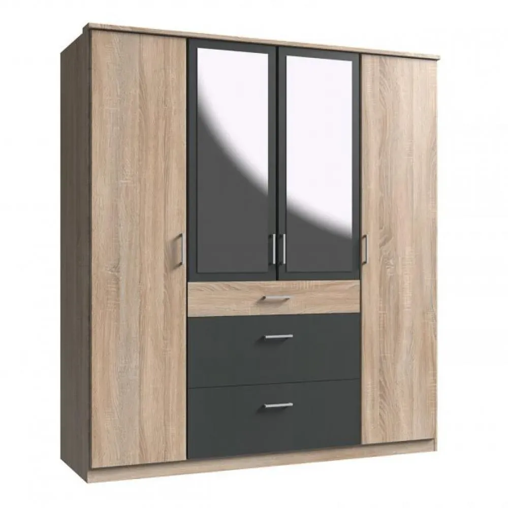 Armoire LAVAL décor chêne et graphite 2 portes miroirs 2 portes 3 tiroirs