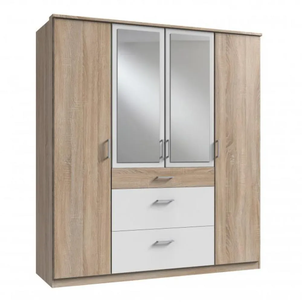 Armoire LAVAL décor chêne et blanc 2 portes miroirs 2 portes 3 tiroirs