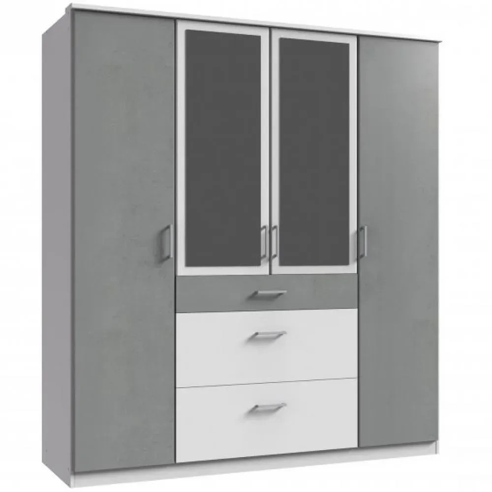 Armoire LAVAL décor blanc et béton 2 portes miroirs 2 portes 3 tiroirs