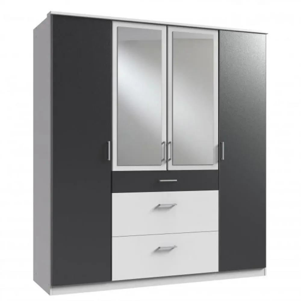 Armoire LAVAL décor blanc et graphite 2 portes miroirs 2 portes 3 tiroirs