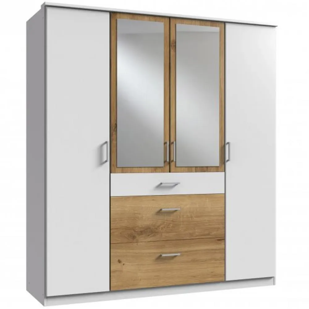 Armoire LAVAL décor blanc et chêne poutre 2 portes miroirs 2 portes 3 tiroirs