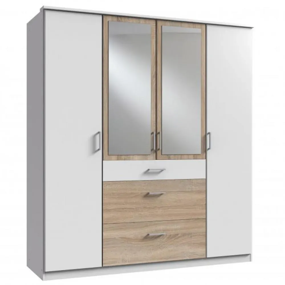 Armoire LAVAL décor blanc et chêne 2 portes miroirs 2 portes 3 tiroirs