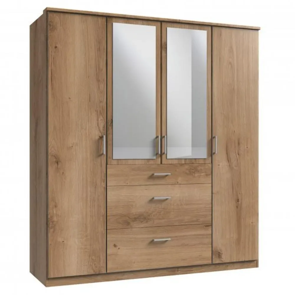 Armoire LAVAL décor chêne poutre 2 portes miroirs 2 portes 3 tiroirs