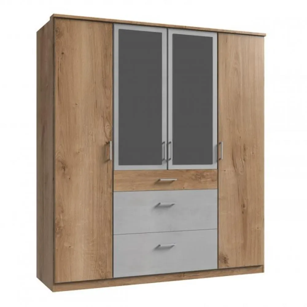 Armoire LAVAL décor chêne poutre et béton 2 portes miroirs 2 portes 3 tiroirs