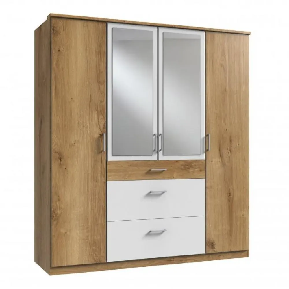 Armoire LAVAL décor chêne poutre et blanc 2 portes miroirs 2 portes 3 tiroirs
