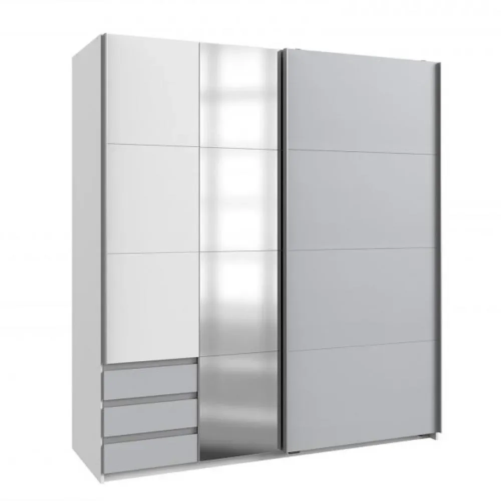 Armoire AURINA décor blanc et gris clair 1 miroir 1 tringle 3 tiroirs