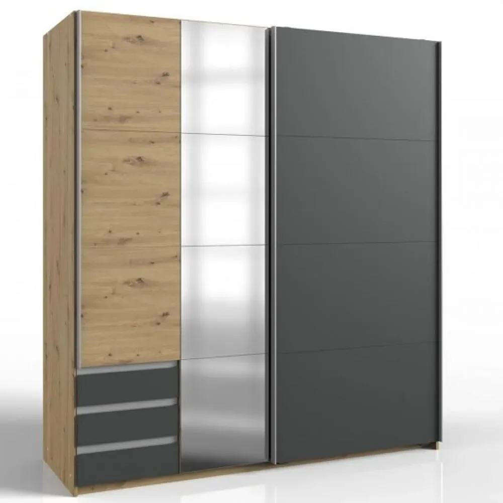 Armoire AURINA décor graphite chêne artisan 1 miroir 1 tringle 3 tiroirs