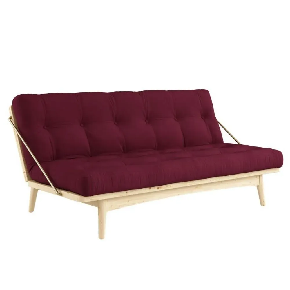 Banquette futon FOLK en pin massif coloris bordeaux couchage 130 x 190 cm.