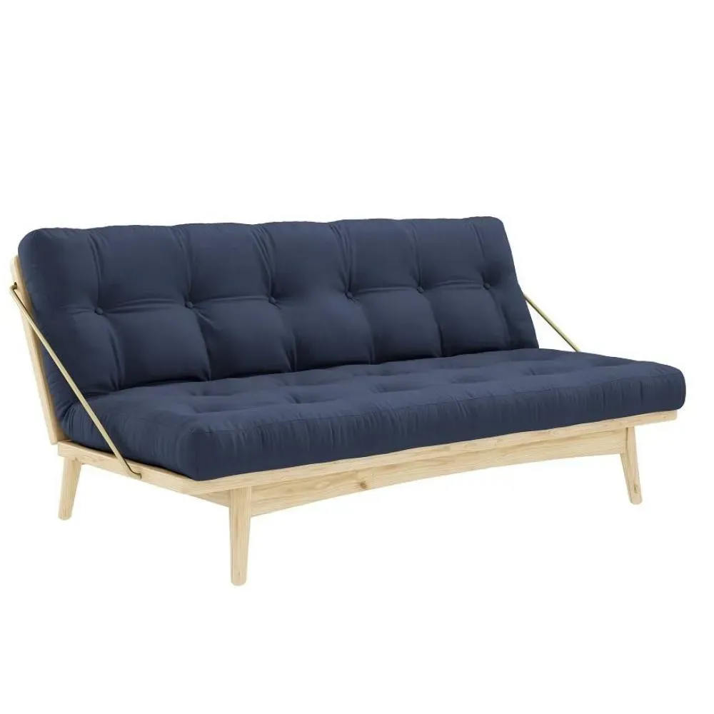 Banquette futon FOLK en pin massif coloris marine couchage 130 x 190 cm.