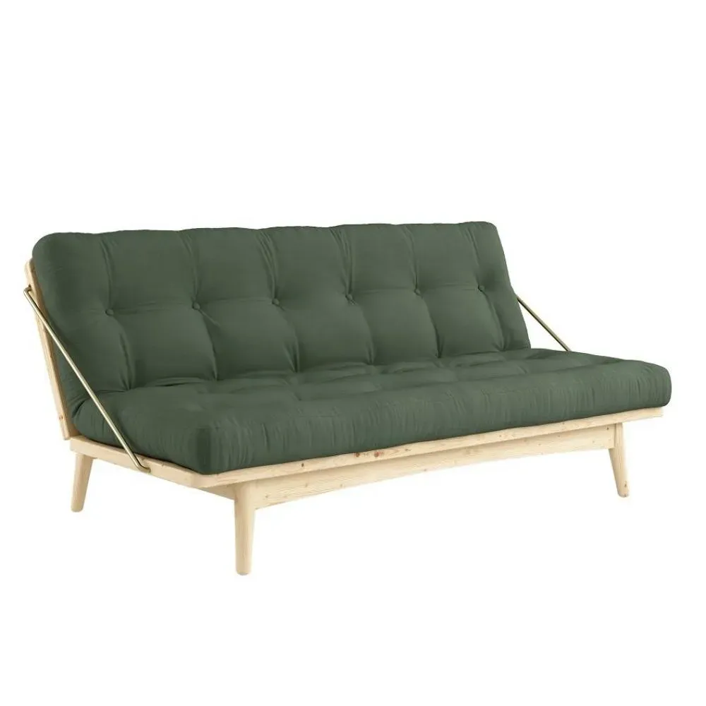 Banquette futon FOLK en pin massif coloris vert olive couchage 130 x 190 cm.