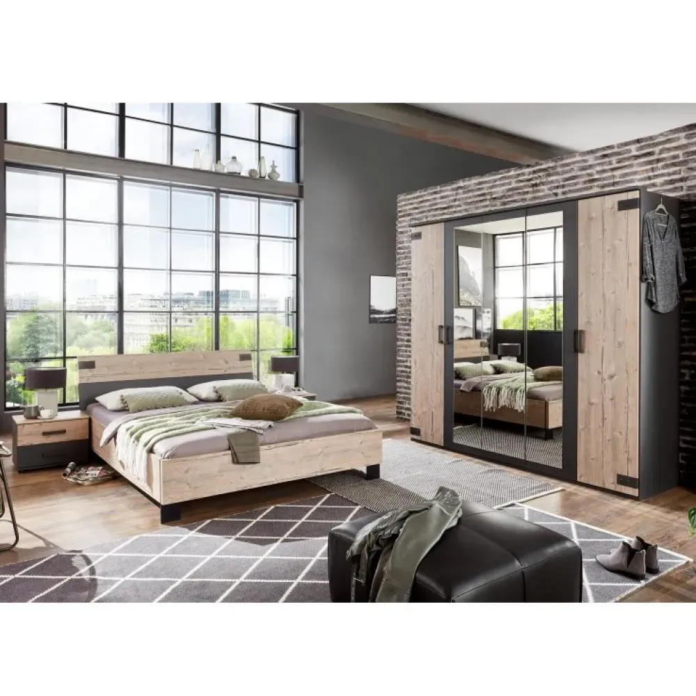 Chambre à coucher complète VERNON lit 140 x 200 cm pin argenté et graphite