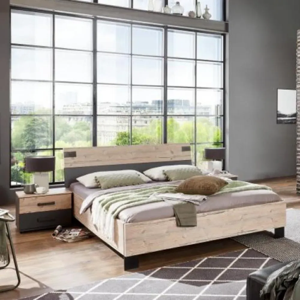 Lot lit 140x200 et 2 chevets 2 tiroirs VERNON chêne poutre et graphite