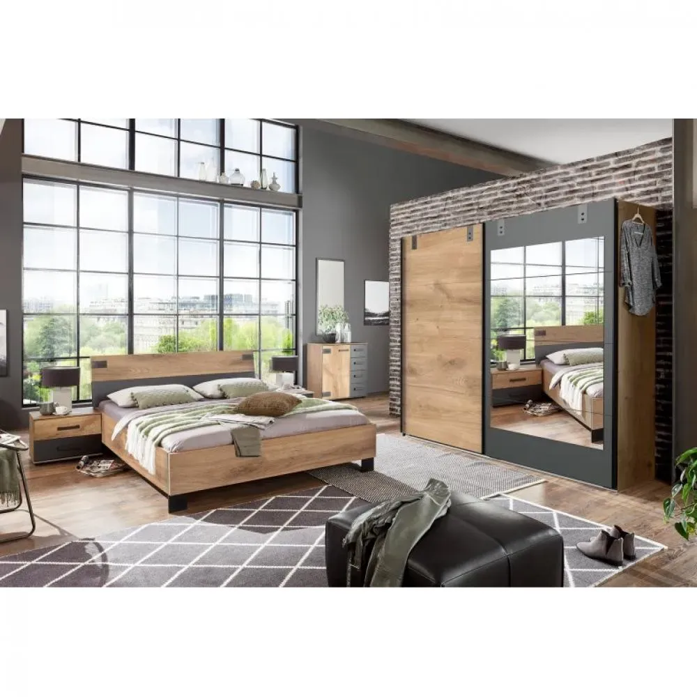 Chambre à coucher complète  VERNON couchage 160 x 200 cm pin argenté et graphite