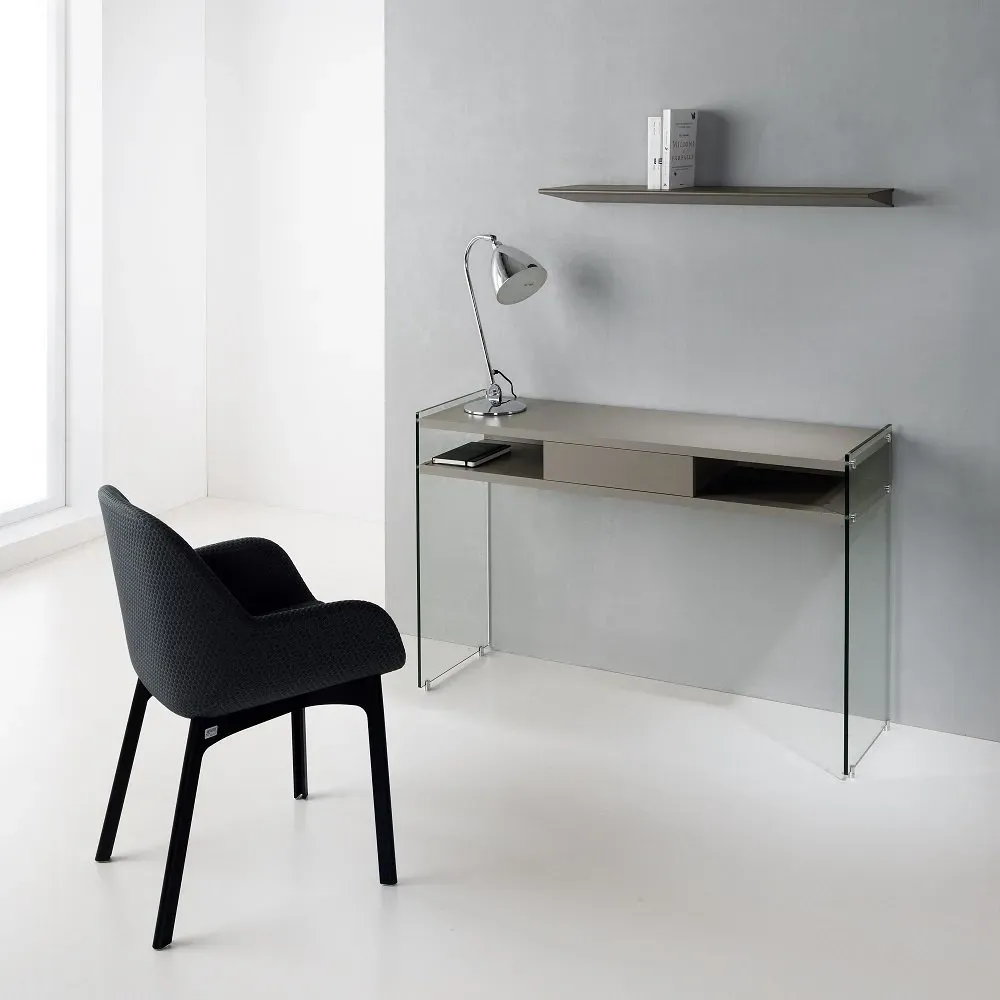 Table console MAYA coloris gris tourterelle piétement en verre transparent