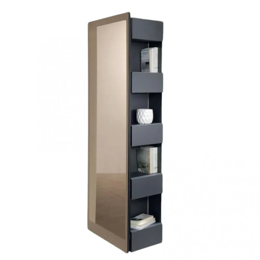 Bibliothèque RETTANGOLO acier couleur gris ardoise + miroir SLIDE couleur bronze noir carbone