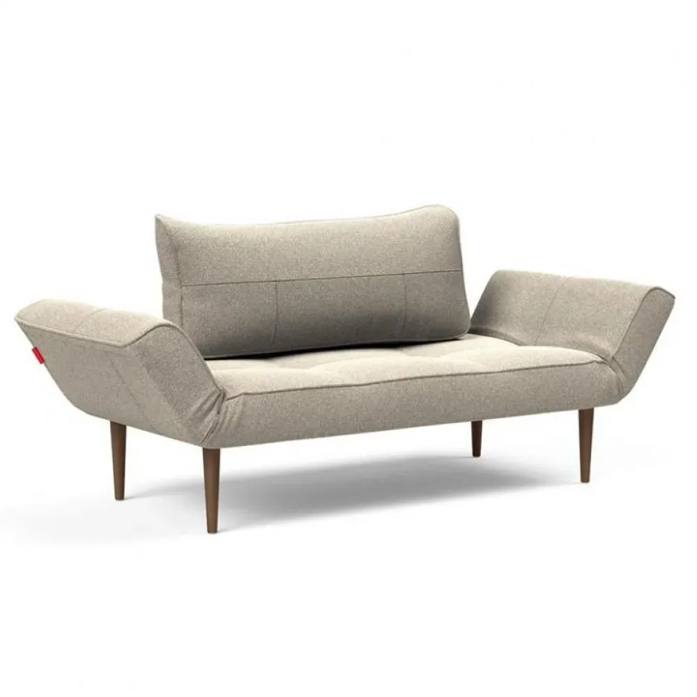 Canapé lit ZEAL STYLETTO acier piétement chêne laqué foncé tissu bouclé beige