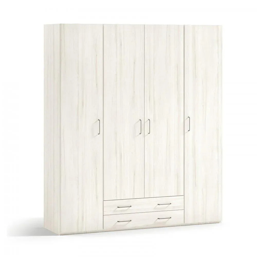 Armoire 4 portes 2 tiroirs 194,9 x 57,5 x 220 cm finition chêne blanchis