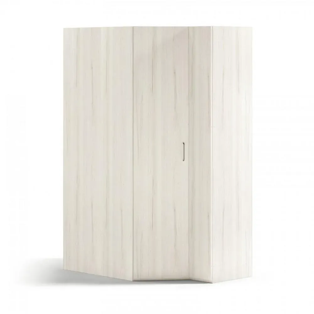 Armoire d'angle pan-coupé 2 portes 164 x 220 cm finition chêne blanchis porte lisse côté gauche
