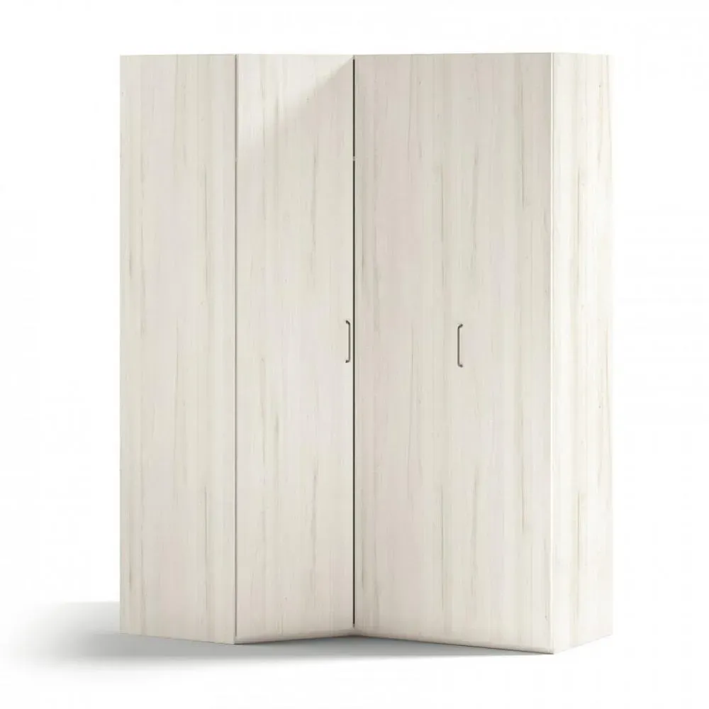 Armoire d'angle pan-coupé 2 portes 170,3 x 240 cm finition chêne blanchis porte droite pliante intérieur double